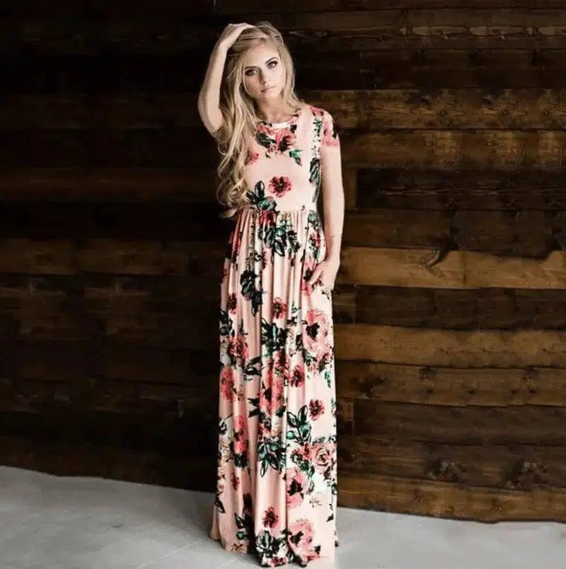 Women's Flower Printing Maxi Dress-Pink-12