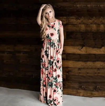 Women's Flower Printing Maxi Dress-Pink-12