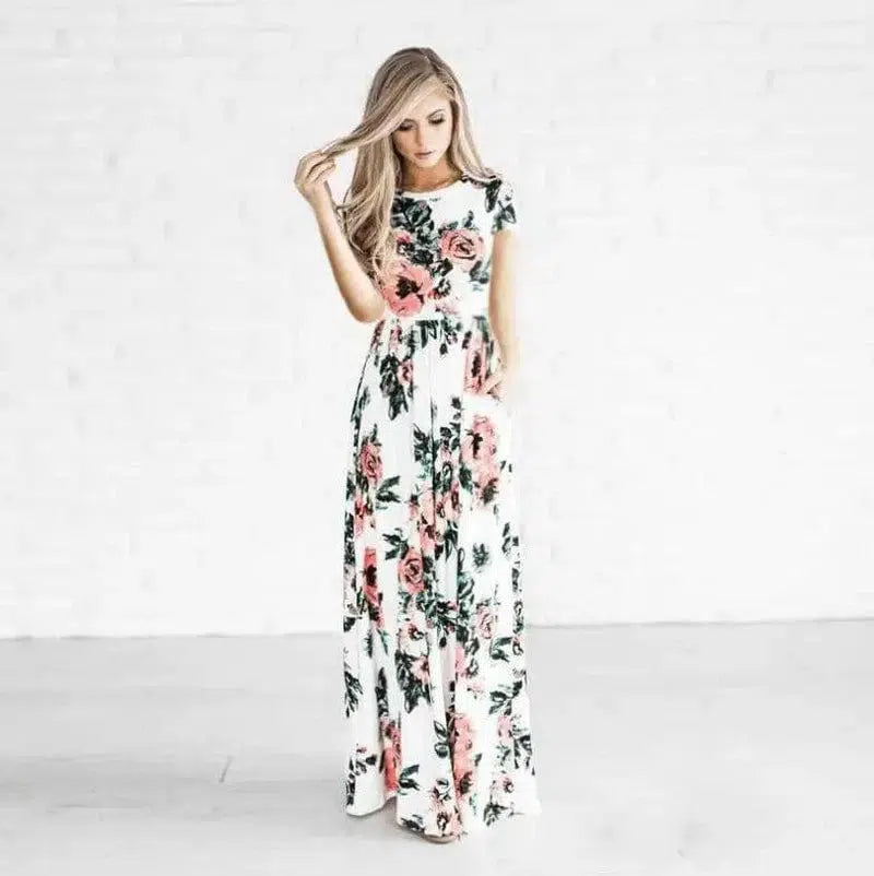 Women's Flower Printing Maxi Dress-White-13