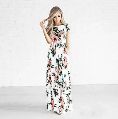 Women's Flower Printing Maxi Dress-White-15