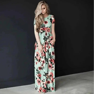 Women's Flower Printing Maxi Dress-Green-28