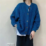 Cable Knit Cardigan with Button Closure-Blue-2