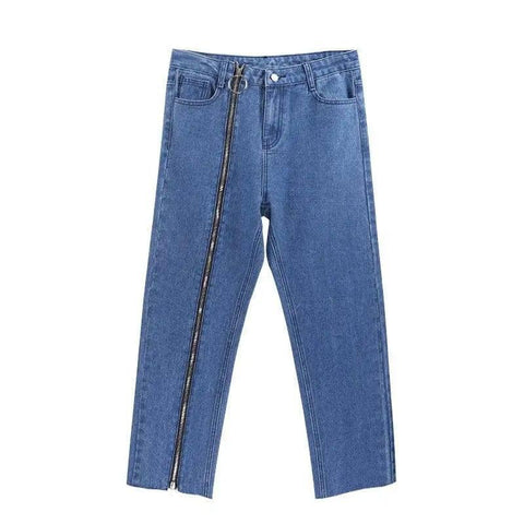 Make old right leg creative zipper jeans.-blue-2