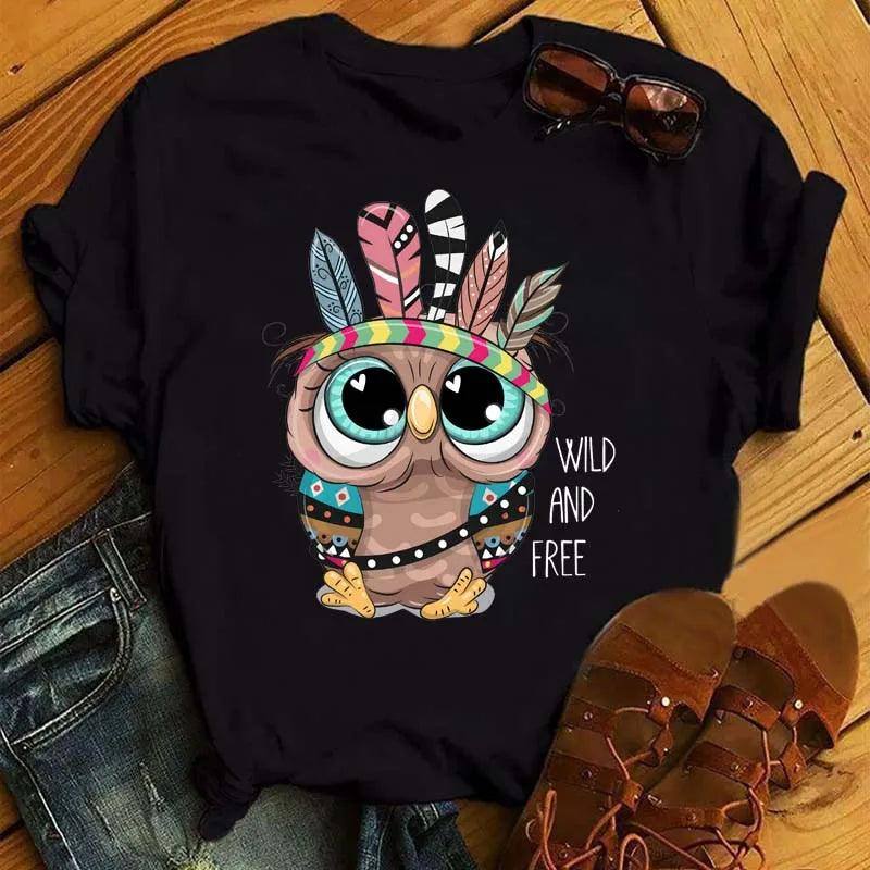 Maycaur Cartoon Owl Print T Shirt Women Kawaii Graphic-BT6635-hs-6