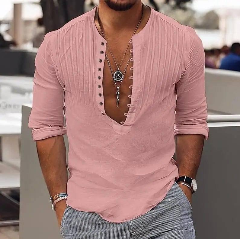 Men's Casual Loose Button Cotton Round Neck Shirt-Pink-6