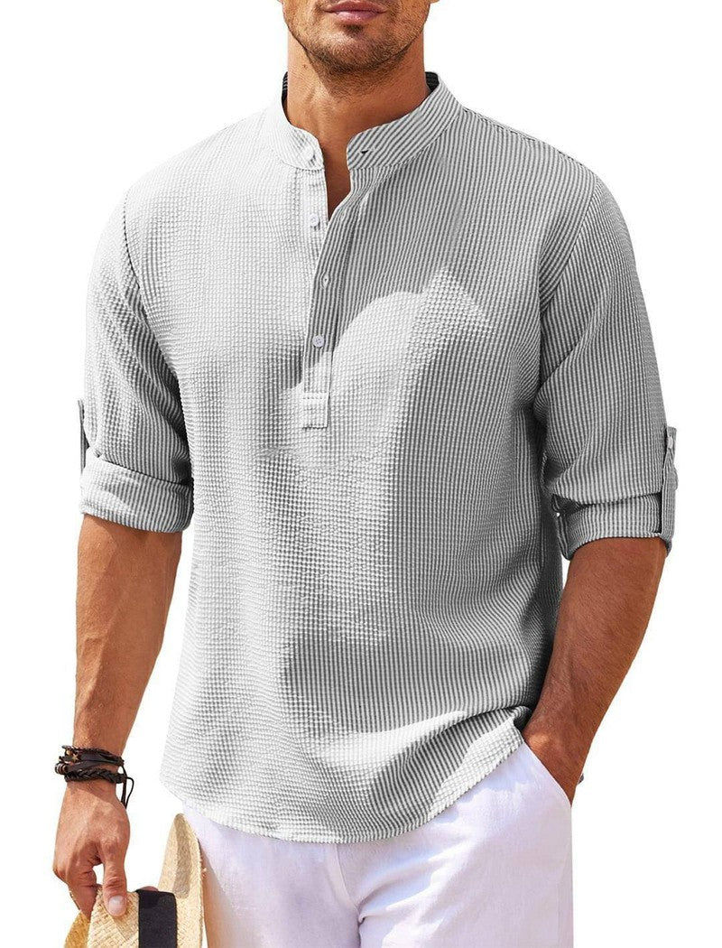 Men's Casual Shirt Long Sleeve Stand Collar Solid Color Shirt Mens Clothing Khaki / 5XL-Light Gray-8