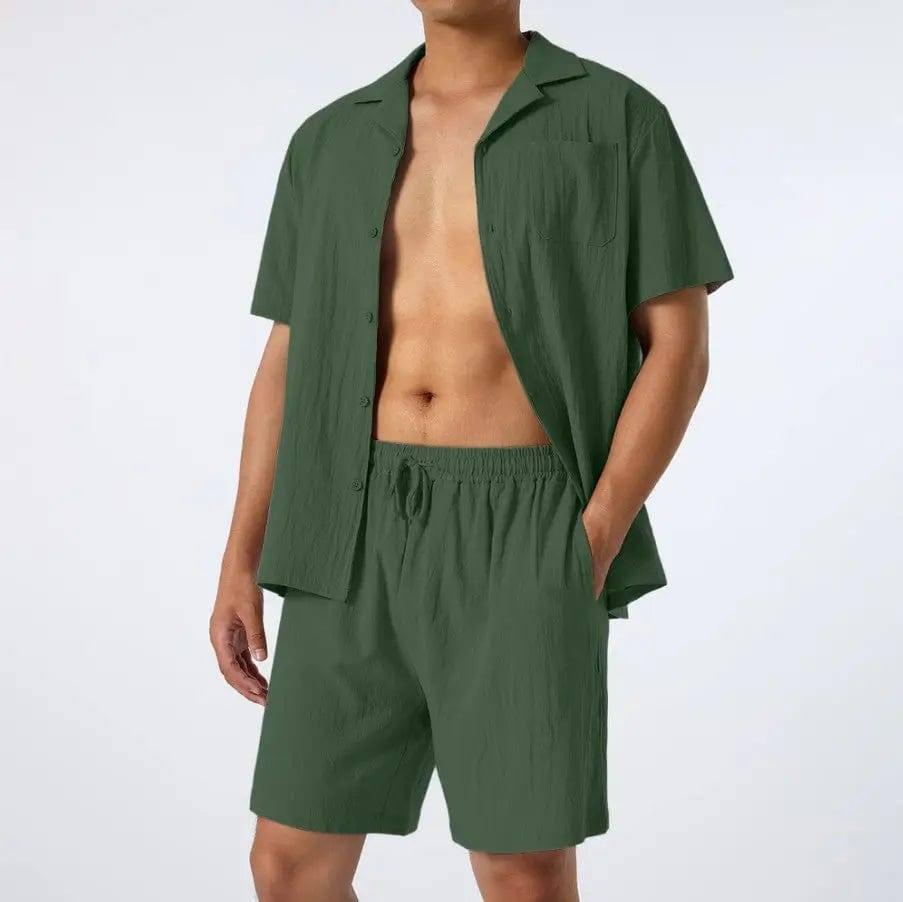 Men's Fashion Loose Casual Men's Shirt Two-Piece Set-Green-4