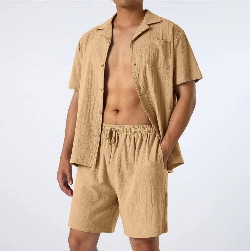 Men's Fashion Loose Casual Men's Shirt Two-Piece Set-Khaki-6