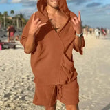 Men's Pocket Hooded Loose Vacation Suit Two-Piece Set-Khaki-3