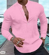 Men's Shirt Casual Long Sleeve Solid Color Cotton Linen-Pink-4