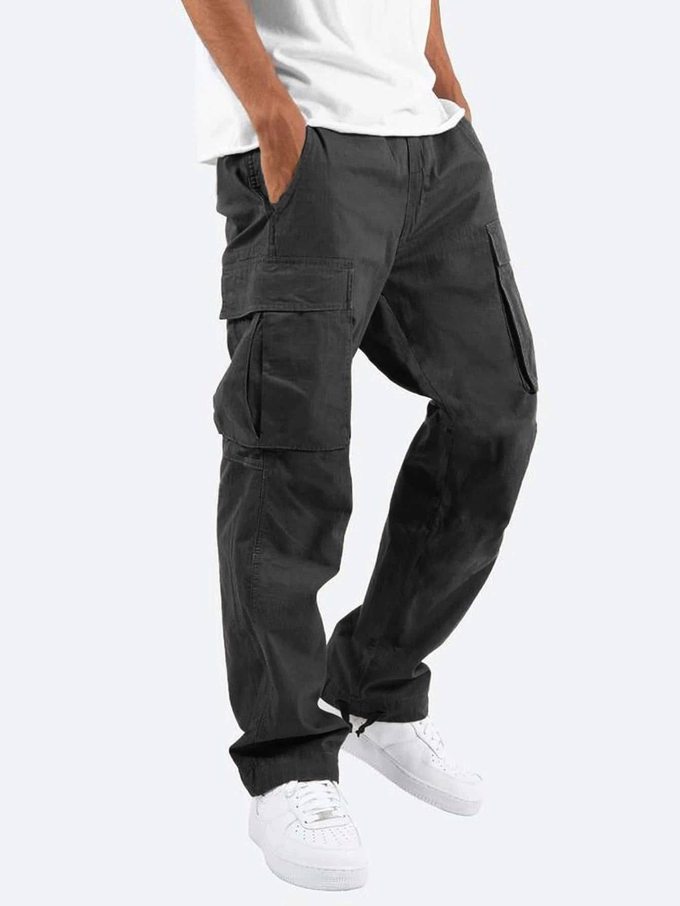 Men's Workwear Drawstring Multi-pocket Casual Pants-Black-6