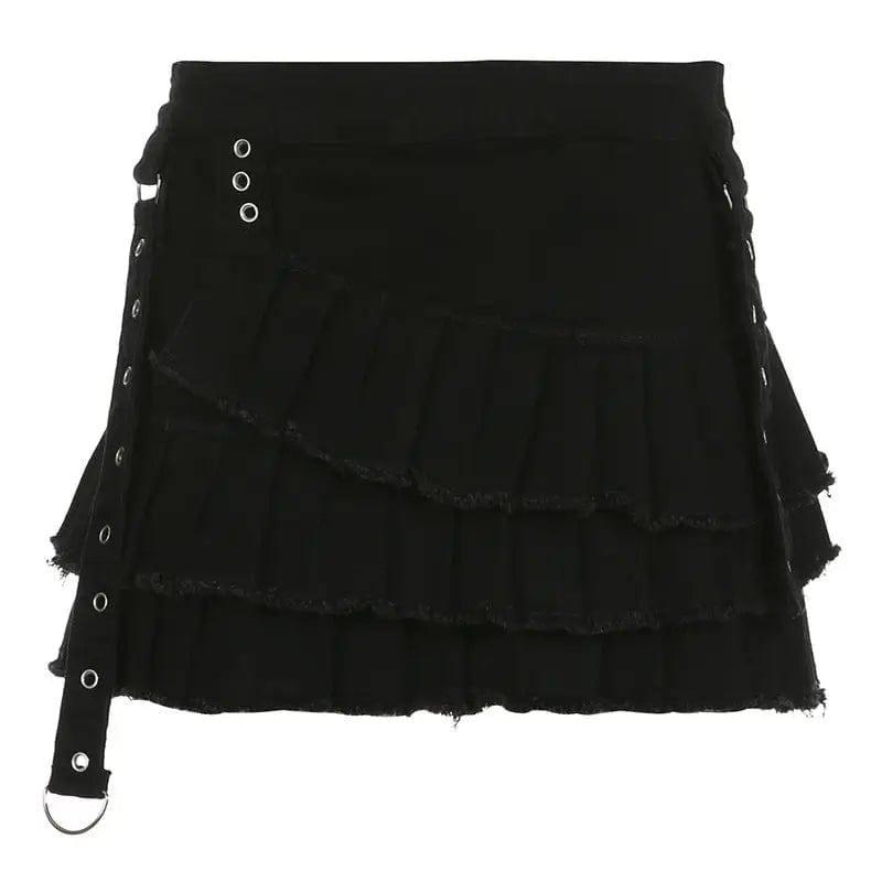 Metal Buckle Irregular Pleated Denim Skirt-Black-3