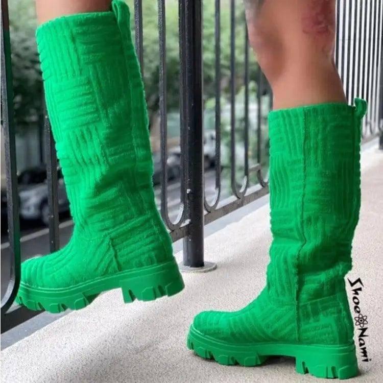 Mid Calf Boots Fashion Platform Western Boots Women Autumn-Green-5