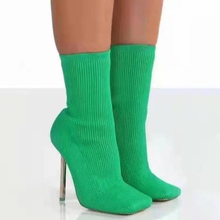 Mid Calf Boots Square-toe Thigh High Heel Shoes For Women-Green-1