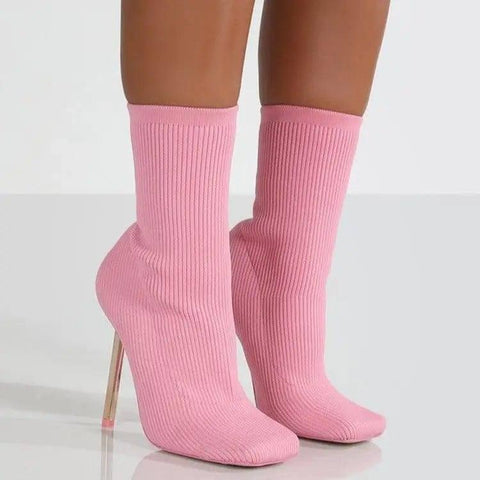 Mid Calf Boots Square-toe Thigh High Heel Shoes For Women-Pink-3