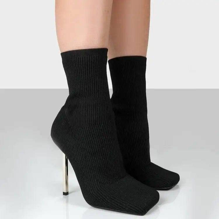 Mid Calf Boots Square-toe Thigh High Heel Shoes For Women-Black-5