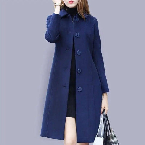 Mid-length Hepburn Style Slim Slim Woolen Coat-Blue-3