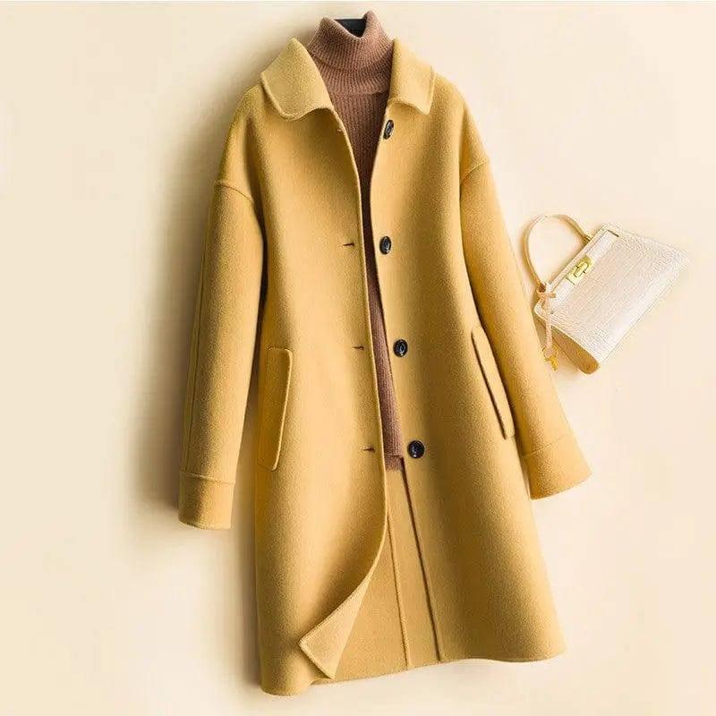 Mid-length women's woolen coat trench coat-Yellow-8