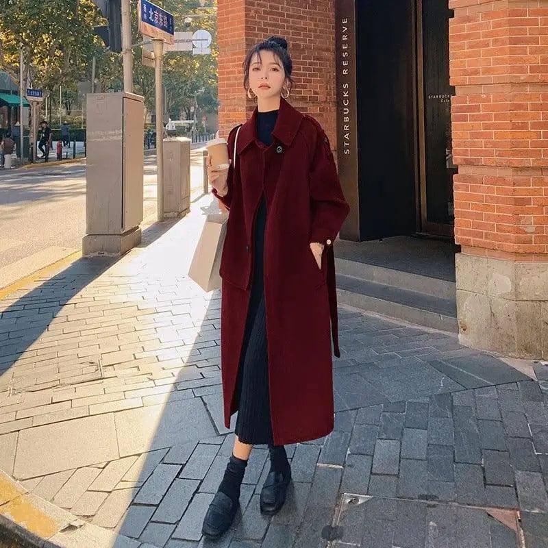 Mid-length Woolen Coat Over-the-knee Waist British Style-WineRed-4