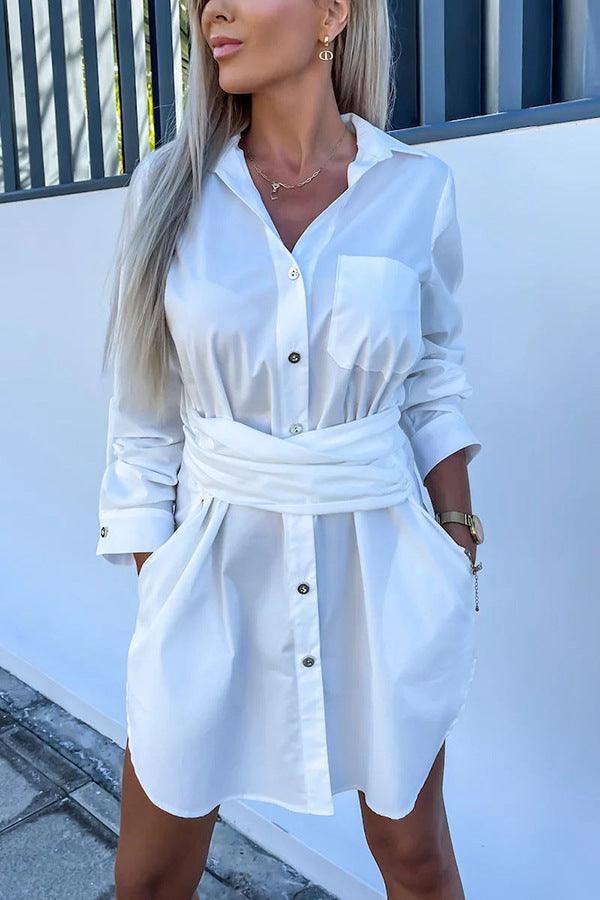 Multi-Color Rolled Sleeves Shirt Dress Women-White-3