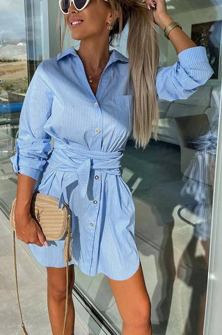 Multi-Color Rolled Sleeves Shirt Dress Women-Blue And White Stripes-4