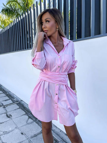Multi-Color Rolled Sleeves Shirt Dress Women-Nude Pink-7