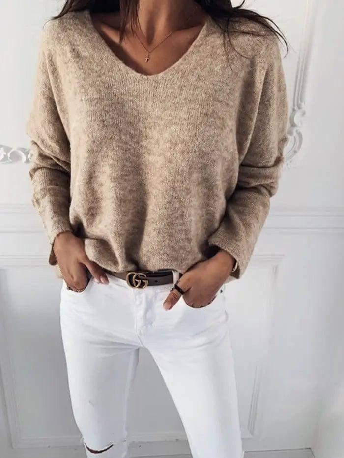 new autumn winter Women v-neck solid Sweater Pullover Female-Apricot Color-2