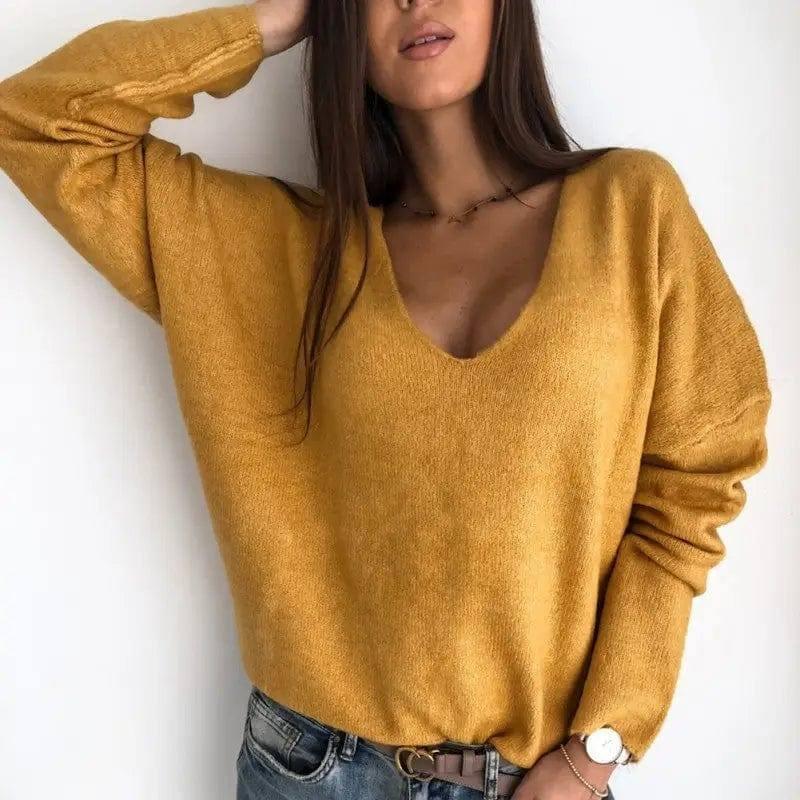new autumn winter Women v-neck solid Sweater Pullover Female-Yellow-4