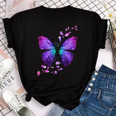 New Fashion Women T-shirt Colorful Butterfly Petal Print-HD1-Black-1