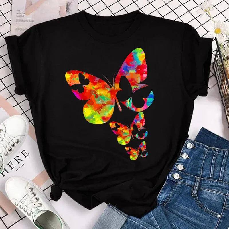 New Fashion Women T-shirt Colorful Butterfly Petal Print-20