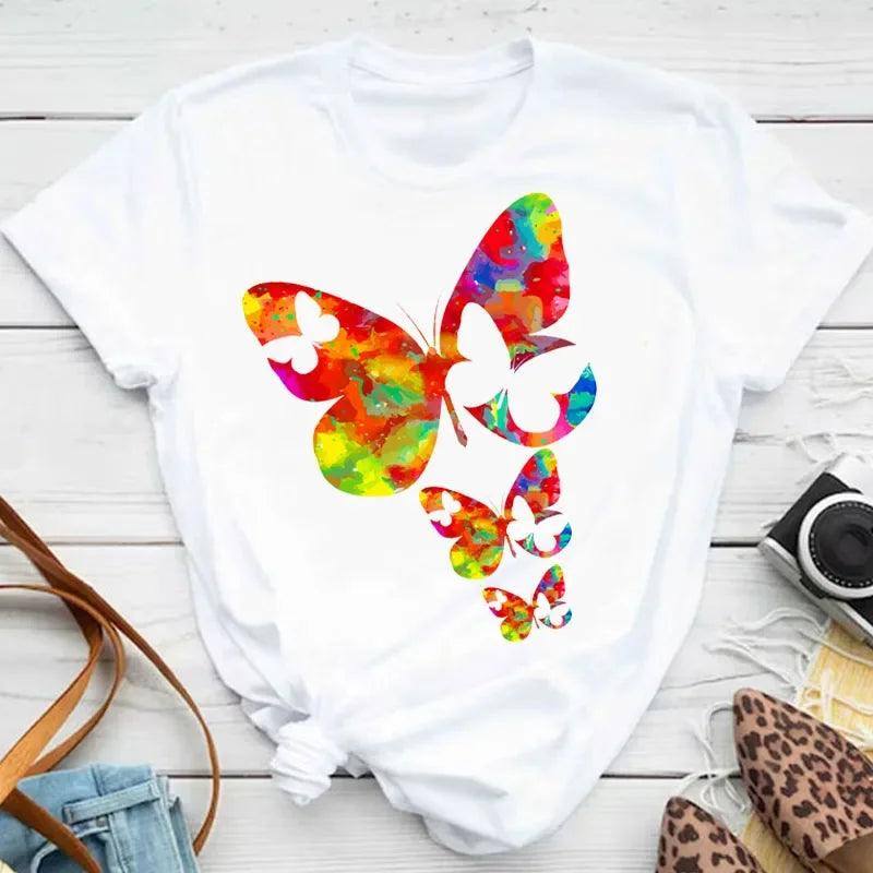New Fashion Women T-shirt Colorful Butterfly Petal Print-21