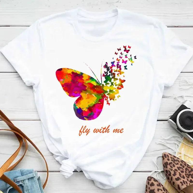 New Fashion Women T-shirt Colorful Butterfly Petal Print-23