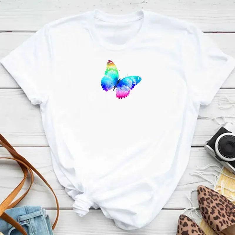 New Fashion Women T-shirt Colorful Butterfly Petal Print-25