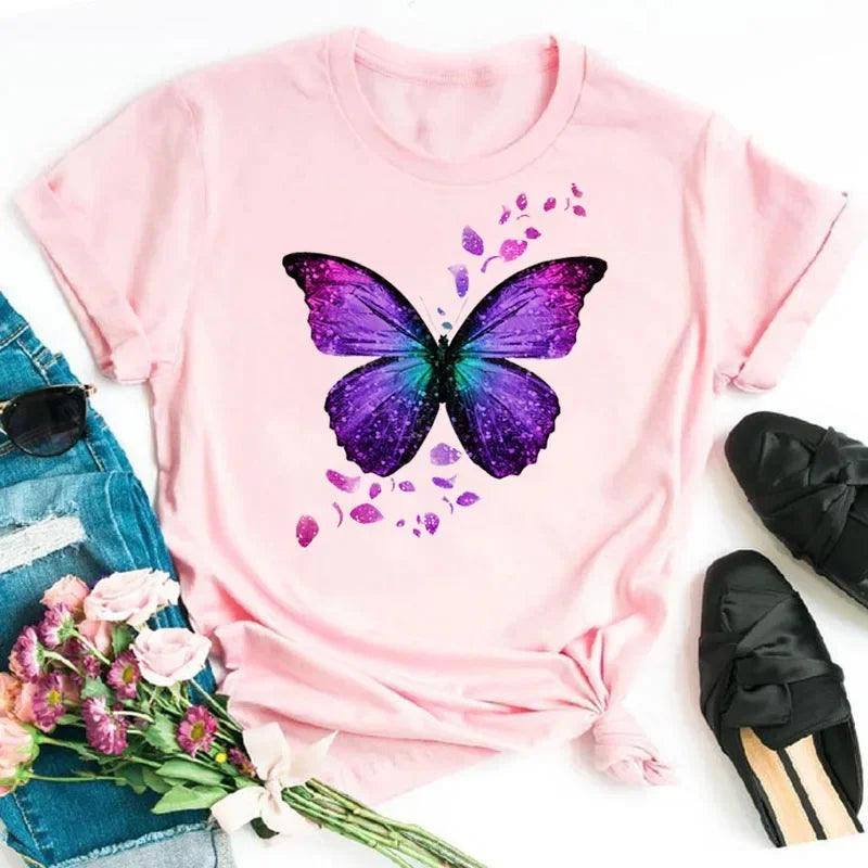 New Fashion Women T-shirt Colorful Butterfly Petal Print-26