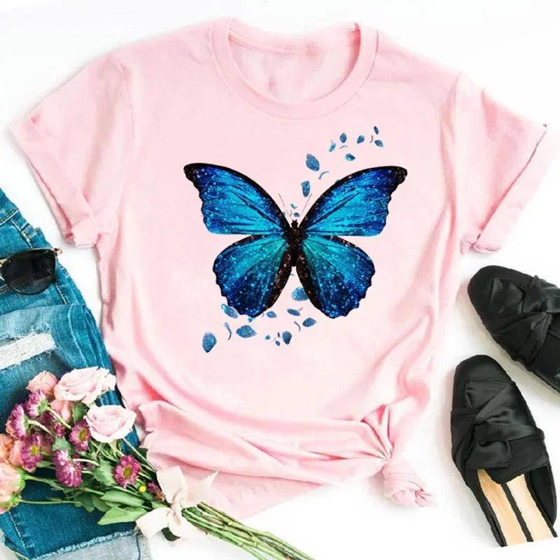New Fashion Women T-shirt Colorful Butterfly Petal Print-30