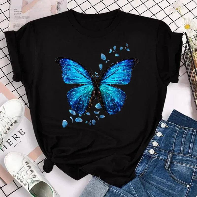 New Fashion Women T-shirt Colorful Butterfly Petal Print-HD2-Black-5