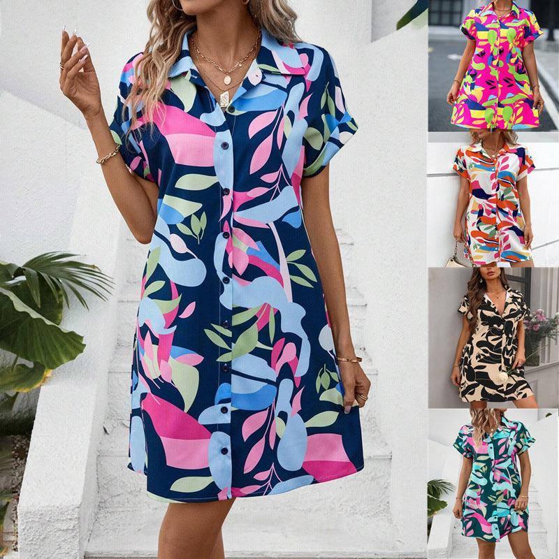 New Floral Print Short Sleeve Shirt Dress Summer Fashion-1