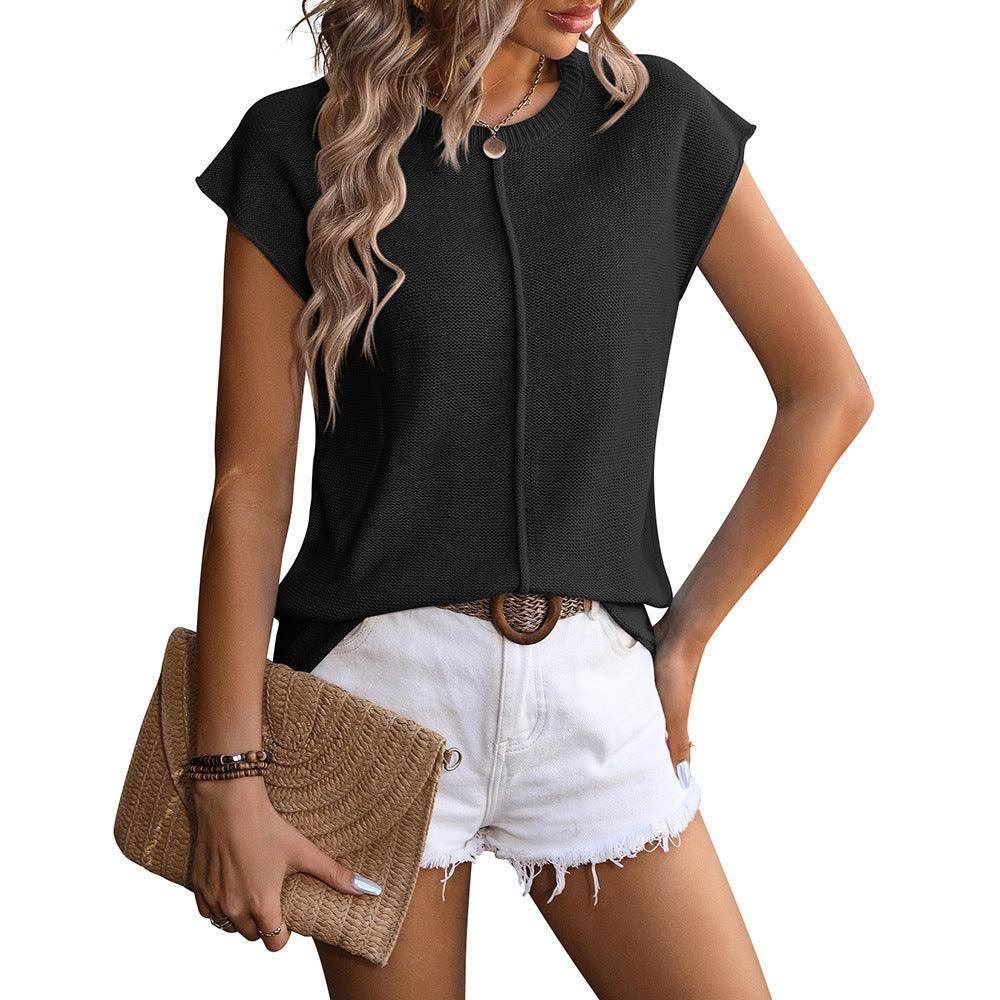 New Knitted Round Neck Short-sleeved Top Summer Casual Loose-Black-3