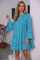 New Printed Bronzing Pleated Flared Long Sleeve Dress Summer-7