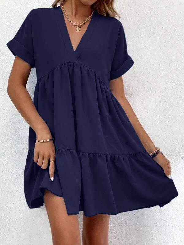New Short-sleeved V-neck Dress Summer Casual Sweet Ruffled-Navy Blue-10