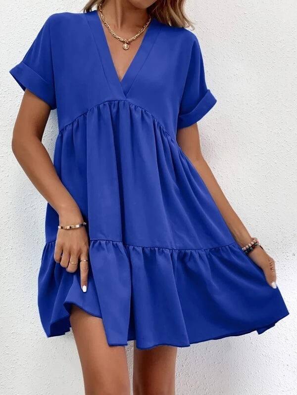 New Short-sleeved V-neck Dress Summer Casual Sweet Ruffled-Dark Blue-11
