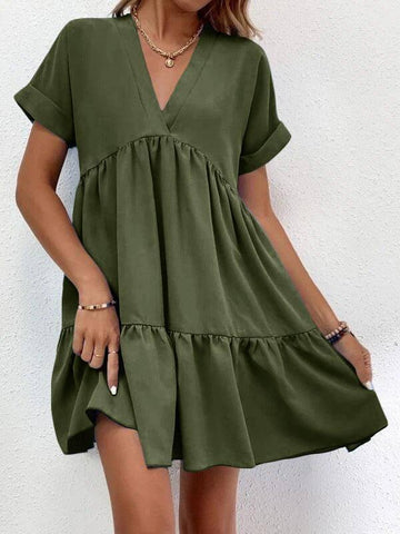 New Short-sleeved V-neck Dress Summer Casual Sweet Ruffled-Army Green-6
