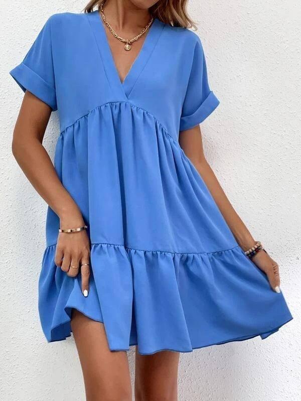 New Short-sleeved V-neck Dress Summer Casual Sweet Ruffled-Light Blue-7