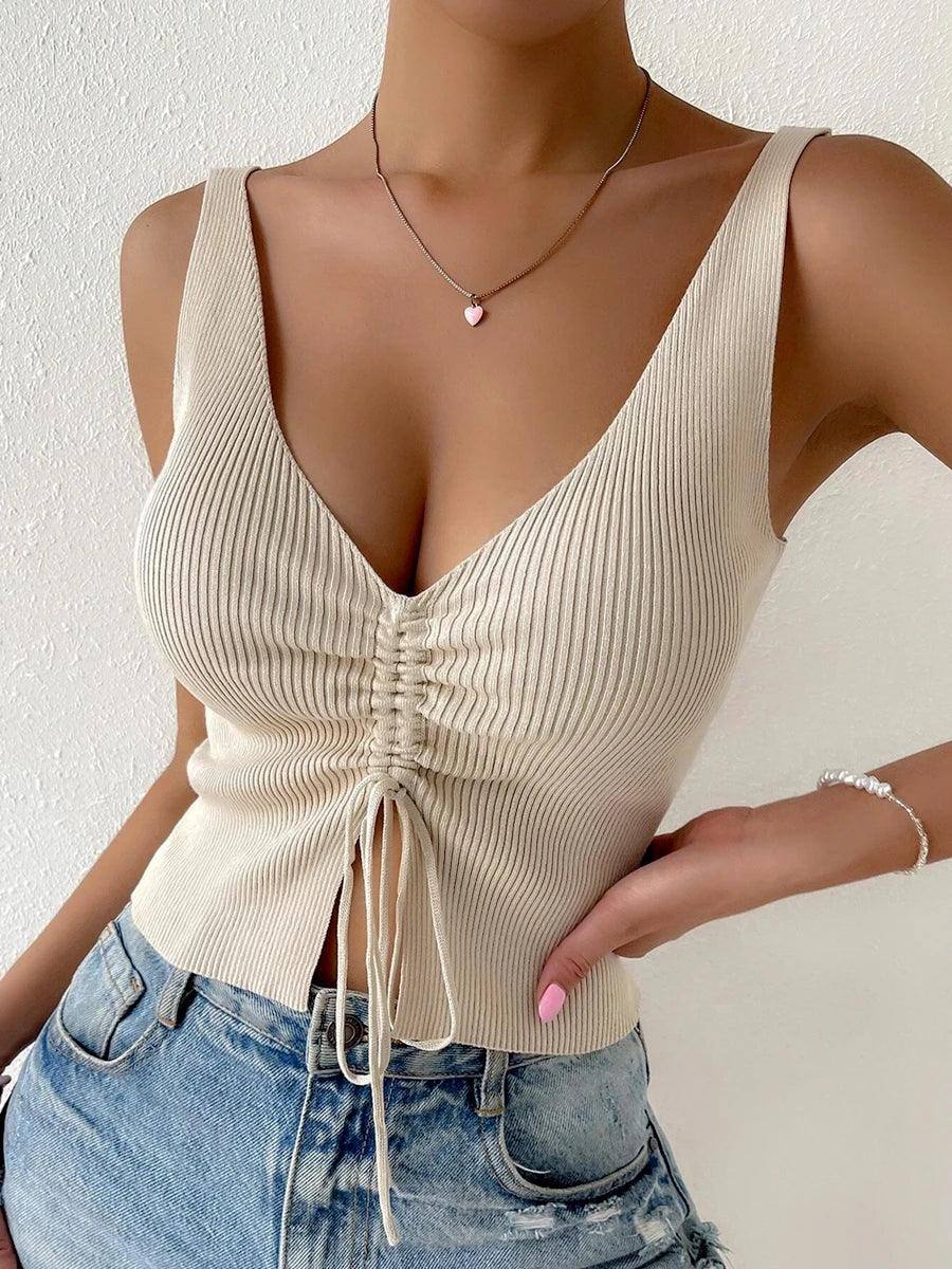 New Summer Women Drawstring Front Ribbed Knit Tops Femme-Beige-3