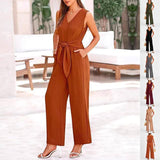 New V-neck Sleeveless Long Jumpsuit With Pockets And Lace-up-1