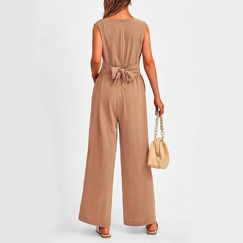 New V-neck Sleeveless Long Jumpsuit With Pockets And Lace-up-4