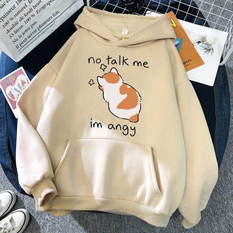 No Talk Me Cute Angry Cat Print Women Hoodie-Beige-8