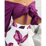 Off Shoulder Crop Top & Leaves Print Shorts Se-Purple-4