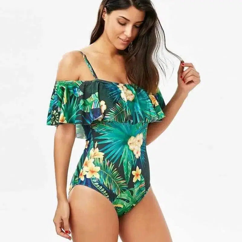 One Piece Floral Bathing Suit-ForestGreen-1