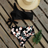 One Shoulder Strap Bikini Print Swimsuit-Black-1